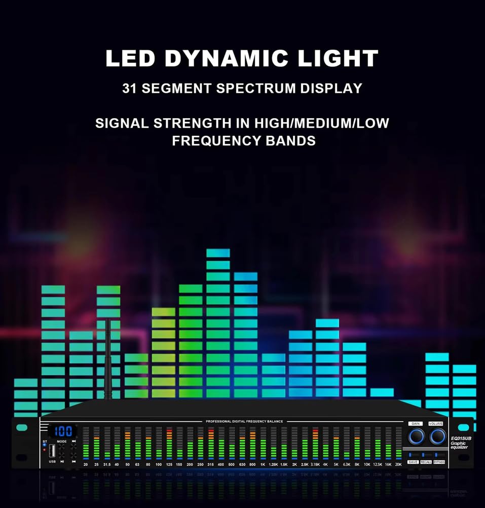 Ecualizador Digital EQ31SUB Sintonizador de 31 Bandas Procesamiento de Audio con reducción de Ruido de Escenario Profesional Ecualizador gráfico estéreo con Pantalla LED de Espectro