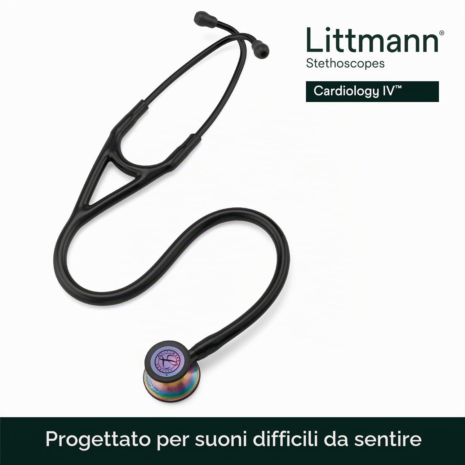 Littmann Cardiology IV Stetoscopio Professionale, 6165, Tubo Nero | Testina in acciaio inox Arcobaleno, raccordo nero e archetto nero. Per medici e studenti di medicina