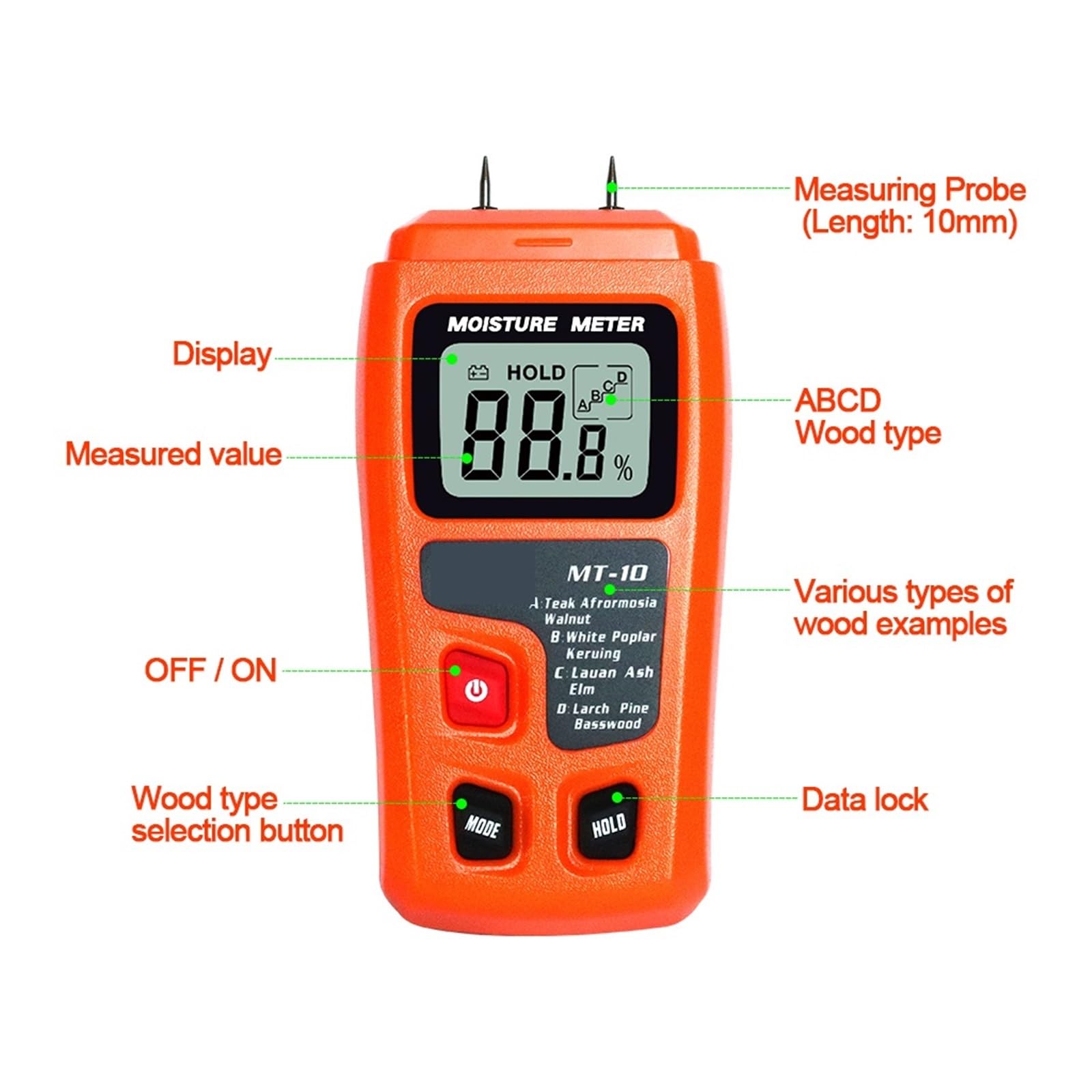Misuratore di umidità del legno Tester Igrometro Rilevatore digitale densità albero Veloce E Altamente Preciso(MT28 Inductive)