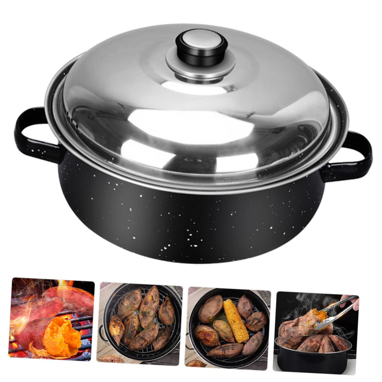 Zerodeko Multifunktionaler Bräter Topf mit Doppelten Griffen aus Emaille und Edelstahl zum Braten von Süßkartoffeln Mais und Kastanien für Küche und Restaurant
