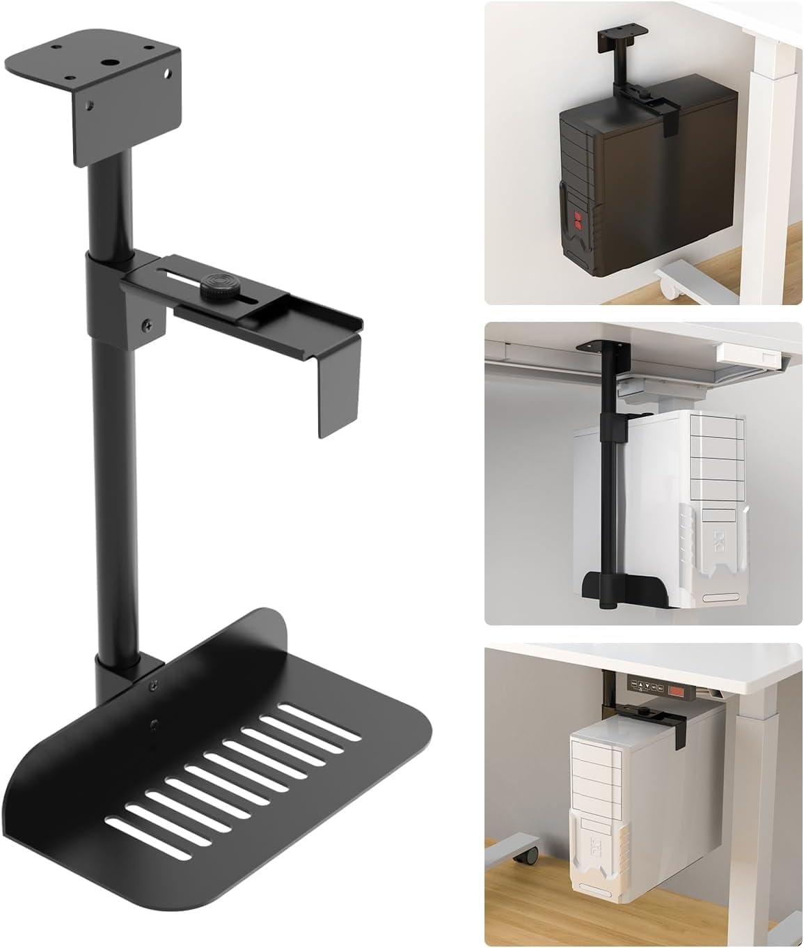 THE WHITE SHOP Holds 5.23in-8.85in Wide, Computer Tower Holder 360° Swivel Height & Width Adjustable, Supports up to 66 lbs, Black