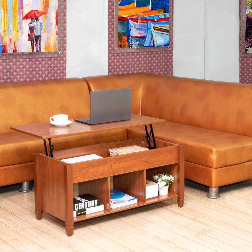 Bonnlo Couchtisch höhenverstellbarer Wohnzimmertisch, rechteckiger Sofatisch mit 2 Ablagen, Kaffeetisch mit offenem und verstecktem Stauraum, 105x 50 x 49 cm, Braun-Eiche