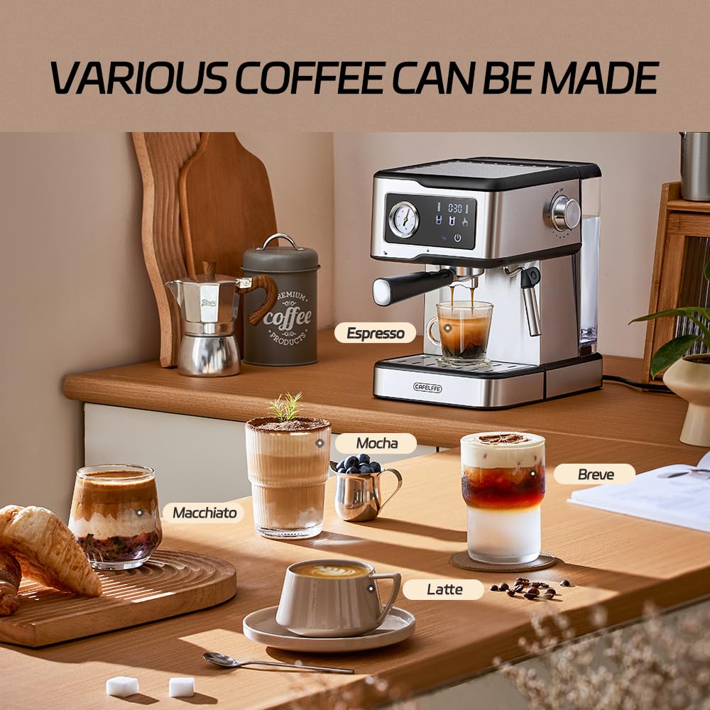 Ekspres do kawy Cafelffe MK-901 z spieniaczem do mleka – 950 W / 1,5 l, pompa 20 barów, inteligentny ekran dotykowy, obudowa ze stali nierdzewnej, mocna para do latte/cappuccino