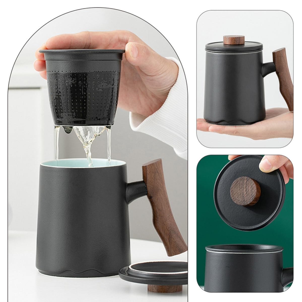Healifty Taza de Cerámica Negra con Filtro para Infusiones y Mango de Madera de 360ml Diseño Elegante y Capacidad Grande para Diversas Ocasiones