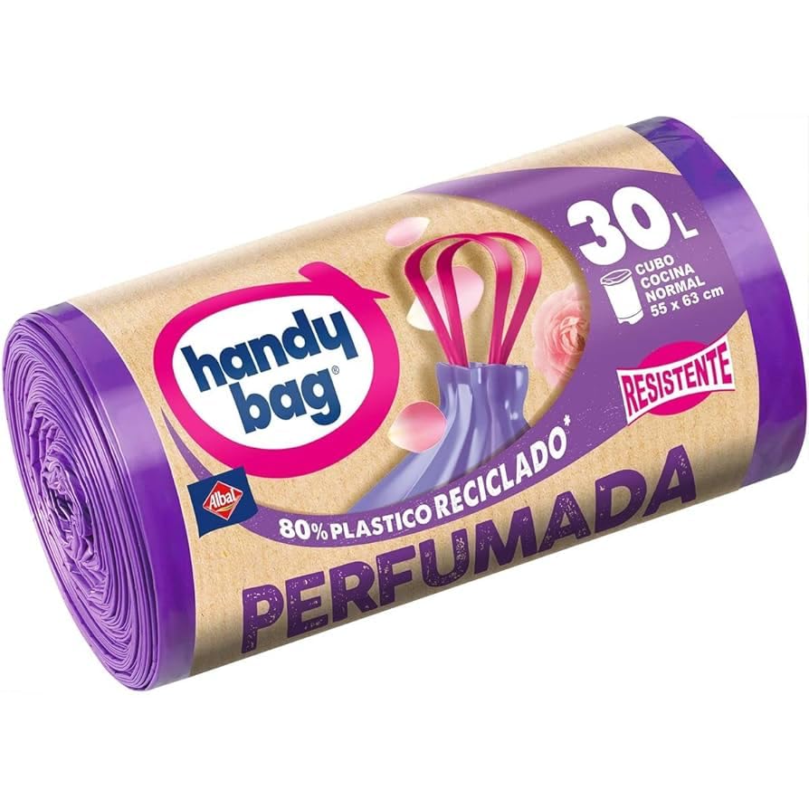 Handy Bag Bolsas de Basura Perfumadas, 100% Reciclado, Extra Resistentes, Antigoteo, Autocierre, 30L, 12 Bolsas, Paquetes