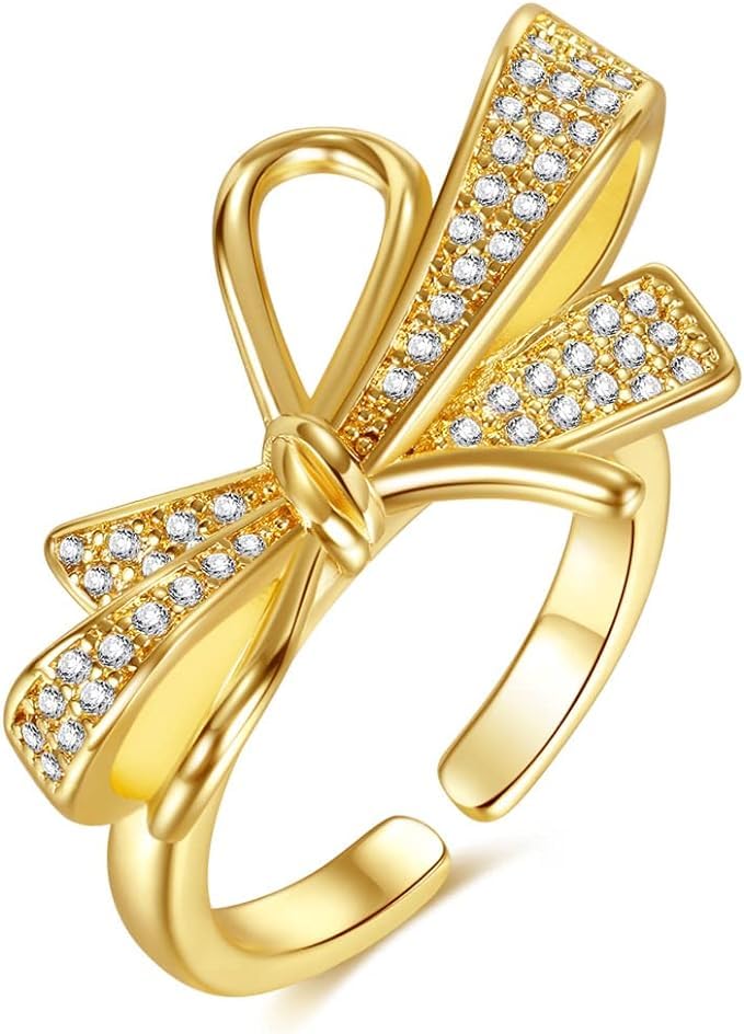 [SUNYOBAO] 指輪 レディース フリーサイズリング 18K かわいい リボンリング ゴールド ジルコニア cz ファッション 婚約式 恋人の日 プレゼント