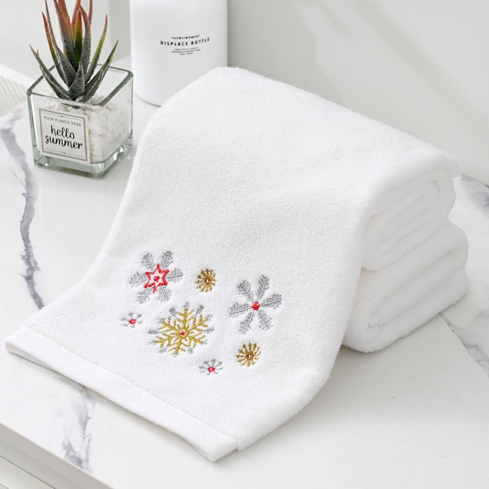 Snowflake Embroidered Design White Hand Towel Set of 2 Winter Holiday Decorative Ultra Absorbent 100% Cotton Super Soft Luxury Bathroom Hand Towels 13 x 29 Inch - Image 3
