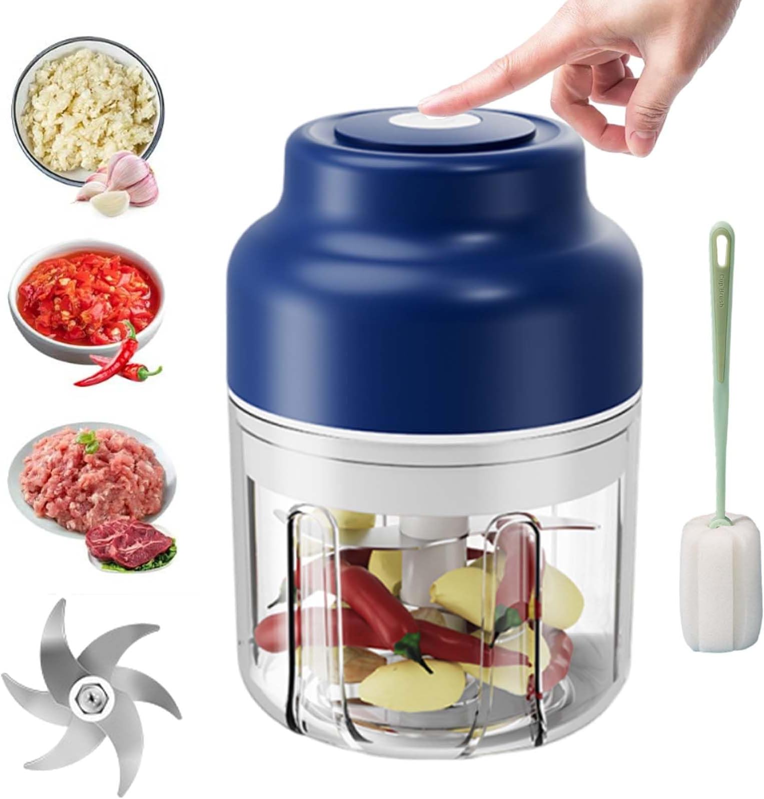 Electric Garlic Chopper, Mini Food Processor, Mini Portable Veggie Chopper with 4/6 Stainless Steel Blades, Rechargeable Small Food Processor for Garlic, Onion, Chili, Ginger, Nuts (Blue, 360ML)