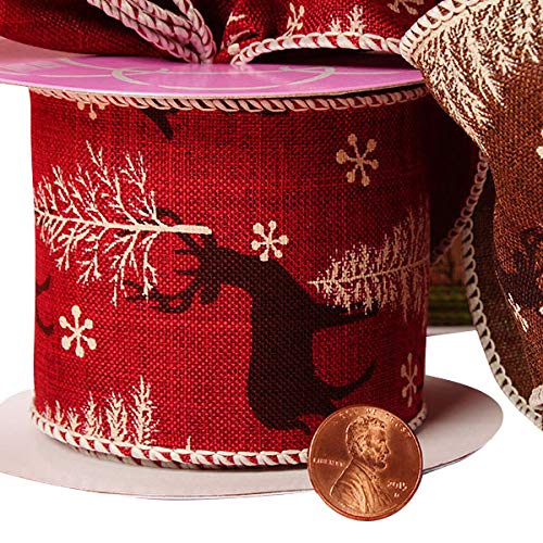 Image of Holiday Wired Christmas Tree Ribbon - 2 1 /2 inch x 10 Yards, Red Reindeer and White Christmas Trees, Garland, Gifts, Wrapping, Wreaths, Bows, Boxing Day, Gift Baskets, Winter
