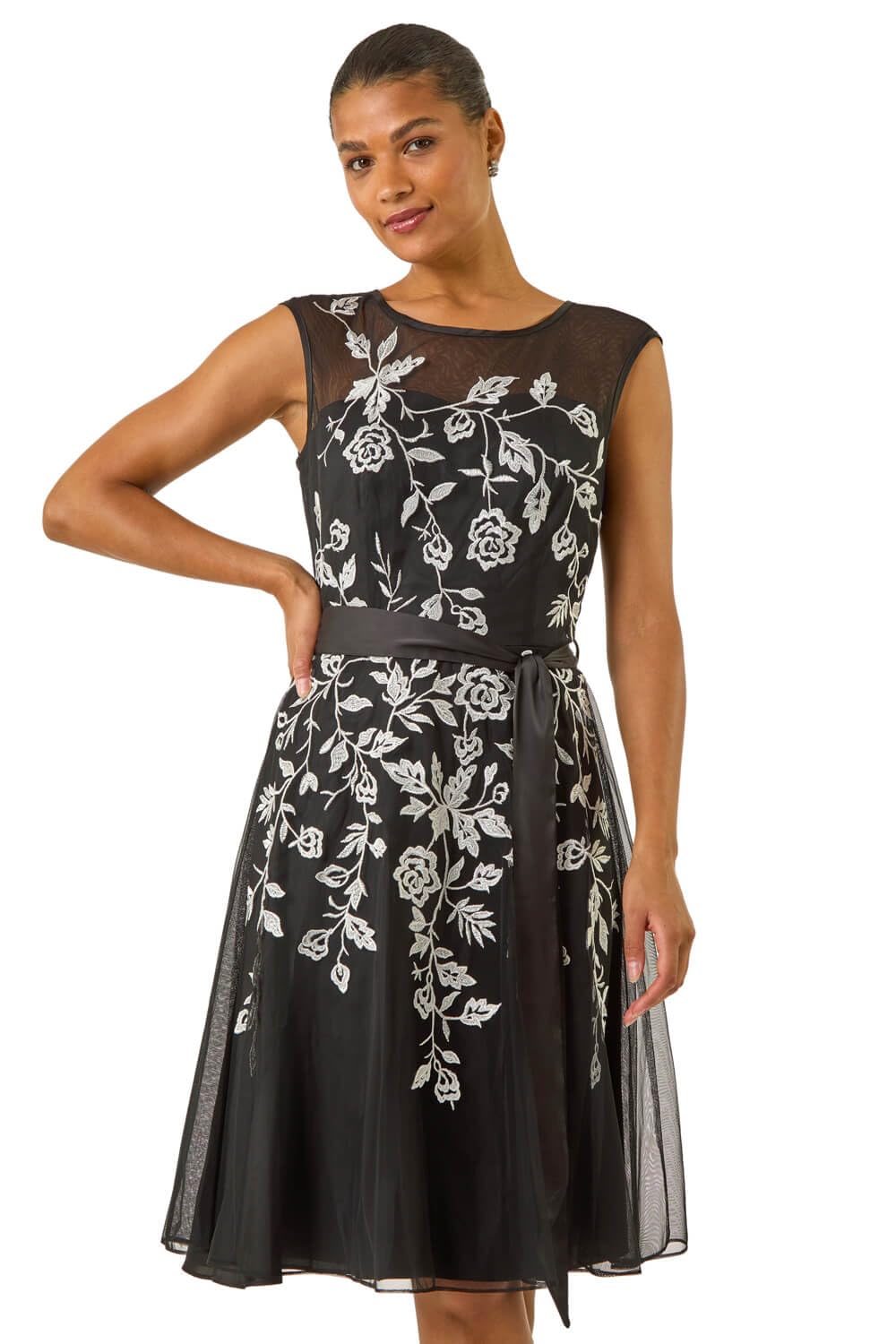 Roman Women's Embroidered Tie Waist Midi Dress in Black | Size: 18