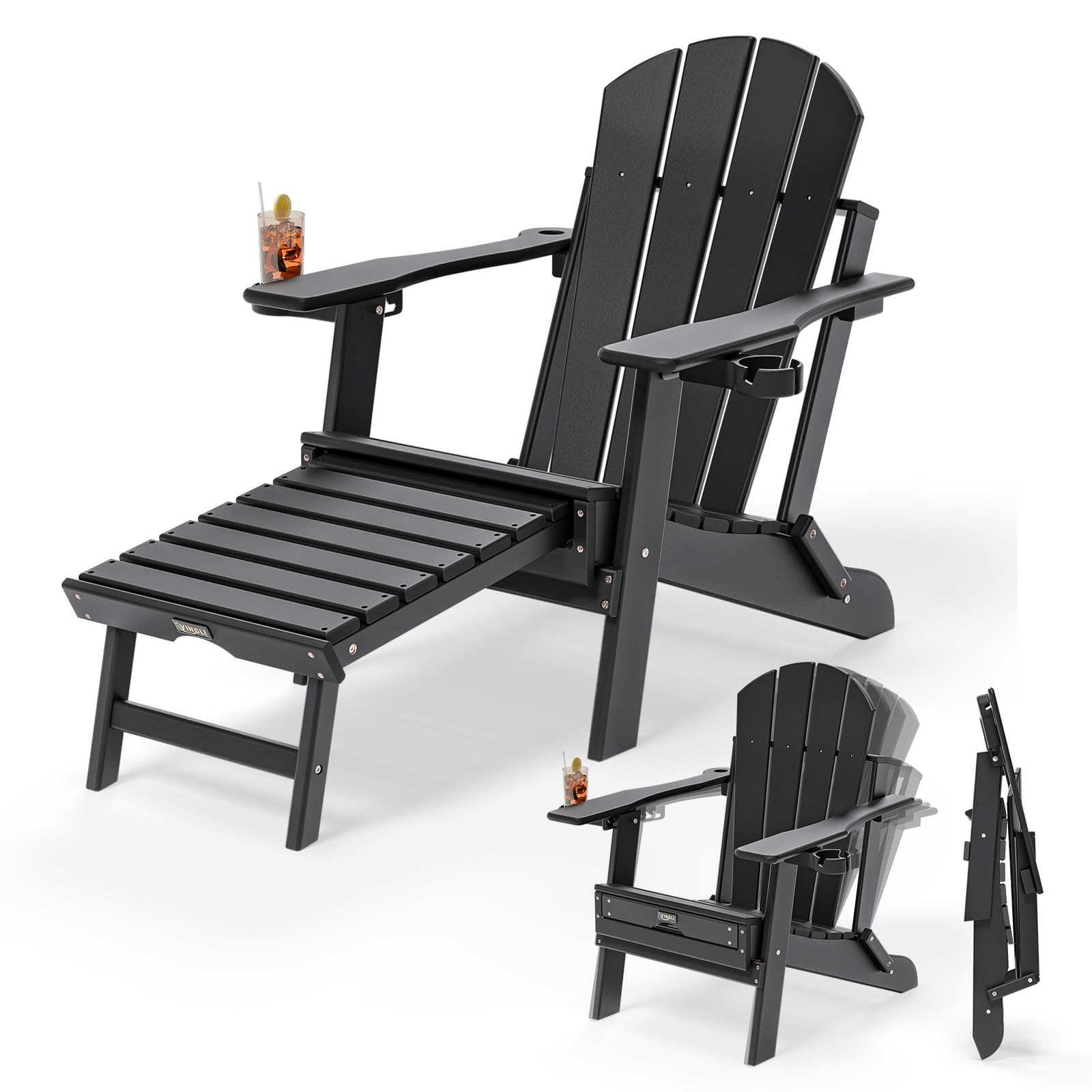 VINGLI Back-Adjustable Plastic Folding Adirondack Chairs with Retractable Footrest & 2-in-1 Cup Holders, Waterproof HDPE Outdoor Fire Pit Chairs for Patio, Pool, Capacity 400 LBS, Black