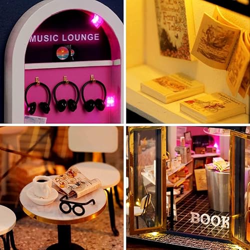 Miniatura 6 de WonDerfulC Kit de casa de muñecas de madera para bricolaje, libro de café, cabaña de escena en miniatura, modelo de construcción creativa, casa de