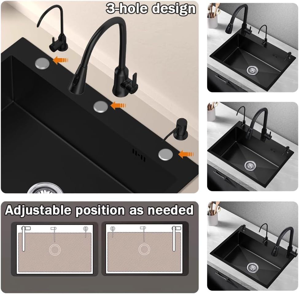19.7 * 17.7in Drop In Kitchen Sink,Black Stainless Steel Single Bowl Sink,Topmount Workstation Sink With Pull Out Faucet,Soap Dispenser And Drain Basket