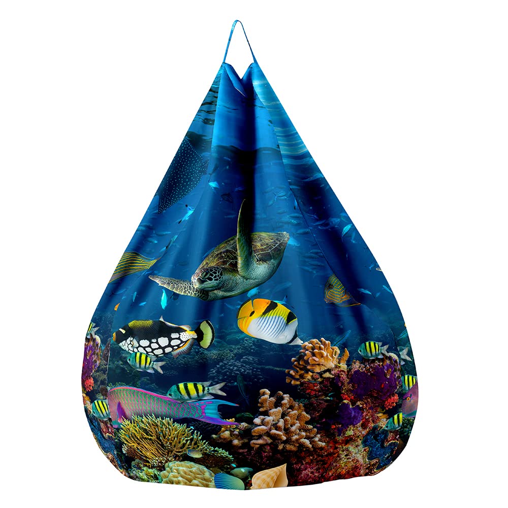 FANSU Bean Bag without Filling, Soft Toy Storage Bean Bag Chair Cover for Kids Adults, Premium Cotton Highback Beanbag Seat, 3D Ocean Print Lazy Sofa (90x110cm,Sea turtles)