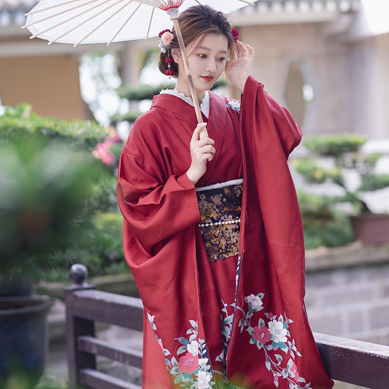 NELLN Traditional Japanese Kimono Red Floral Print Long Sleeved Yukata  Retro Performance Dress,Role-playing Costume (Color : Only Kimonos, Size :  S Is 155-165cm) : Amazon.co.uk: Fashion