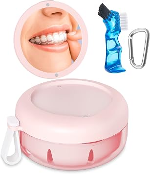 Denture Bath Case, Denture Cup, Leak Proof Portable Retainer Case, Denture Cleaning Kit with Cleaner Brush, Denture Box with Strainer & Mirror, Denture Case for Aligner Retainer Mouth Guard Pink