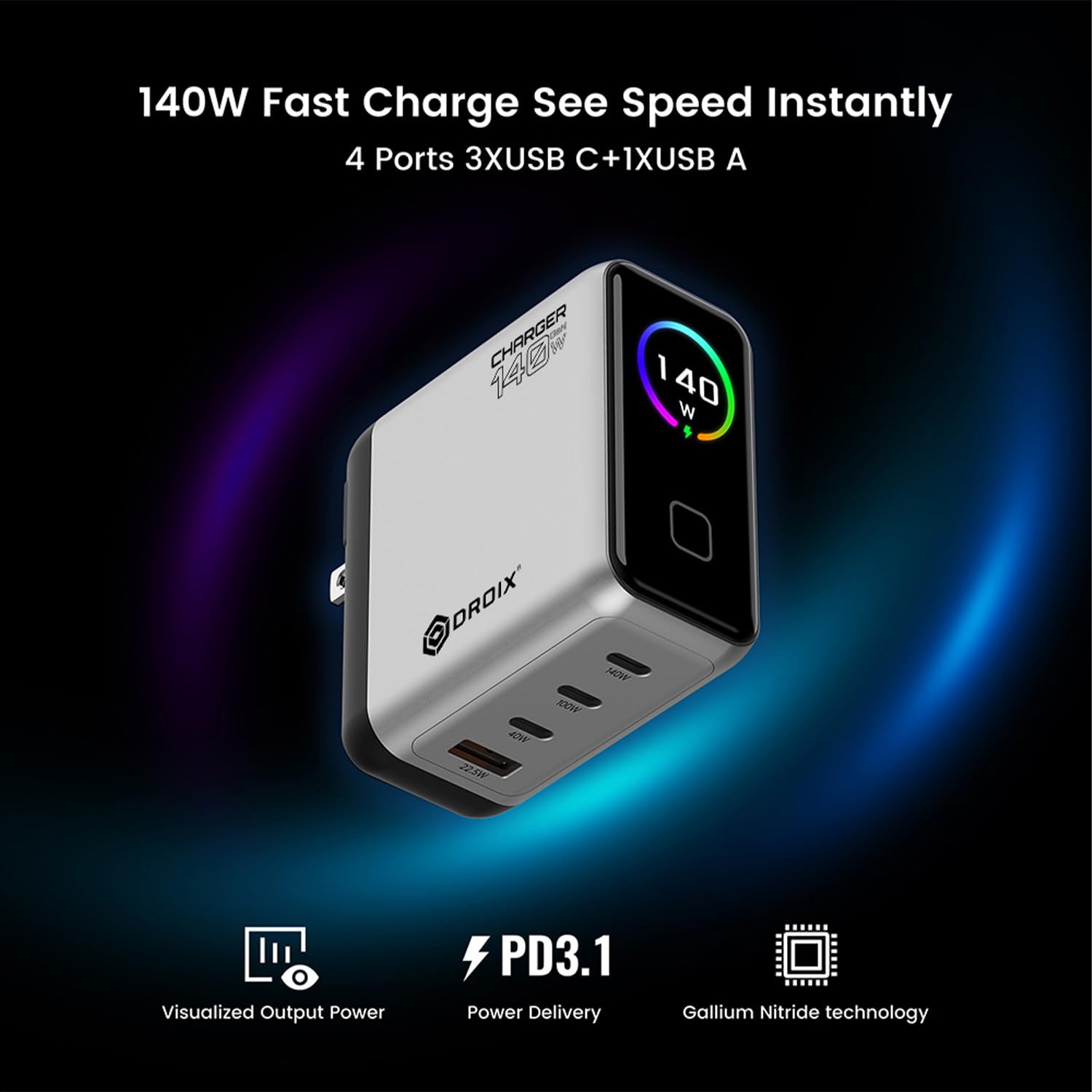 DROIX 140W Caricatore USB-C GaN: 4 Porte PD 3.1 con Display LCD & Adattatori (US/UK/EU). Compatibile con MacBook Pro, iPhone, Android [WHITE]