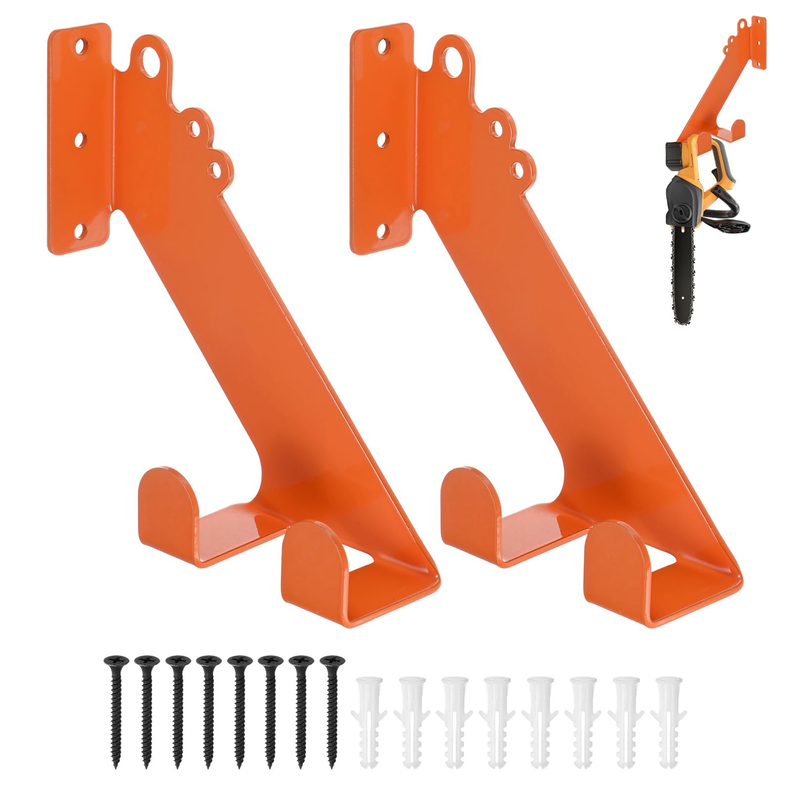 M METERXITY 2-Pack Chainsaw Holder, 9.5 Inch Heavy Duty Chainsaw Wall Mount Hanger Chain Saw Hanger Rack Storage Organizer for Garage Organization/Chainsaw Accessories/Tools [Matte Orange]