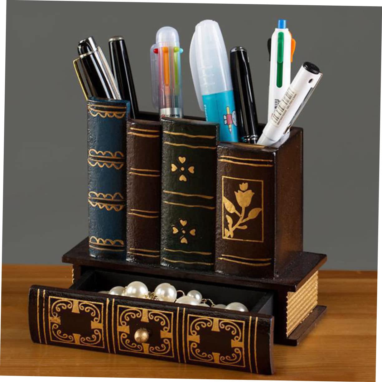 Portapenne Organizer Multifunzionale Struttura Multi- Cassetto Design Retrò in Legno per Uso Casa e per Cancelleria Salvaspazio