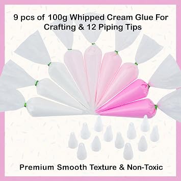Cream Large 9PCS Premium Texture Fake Whipped Cream Glue, Decoden Kit, Fake Icing, Fake Frosting, Deco Cream, Whipped Clay with Piping Bags for Crafts and DIY Projects (White & Pinks Set)