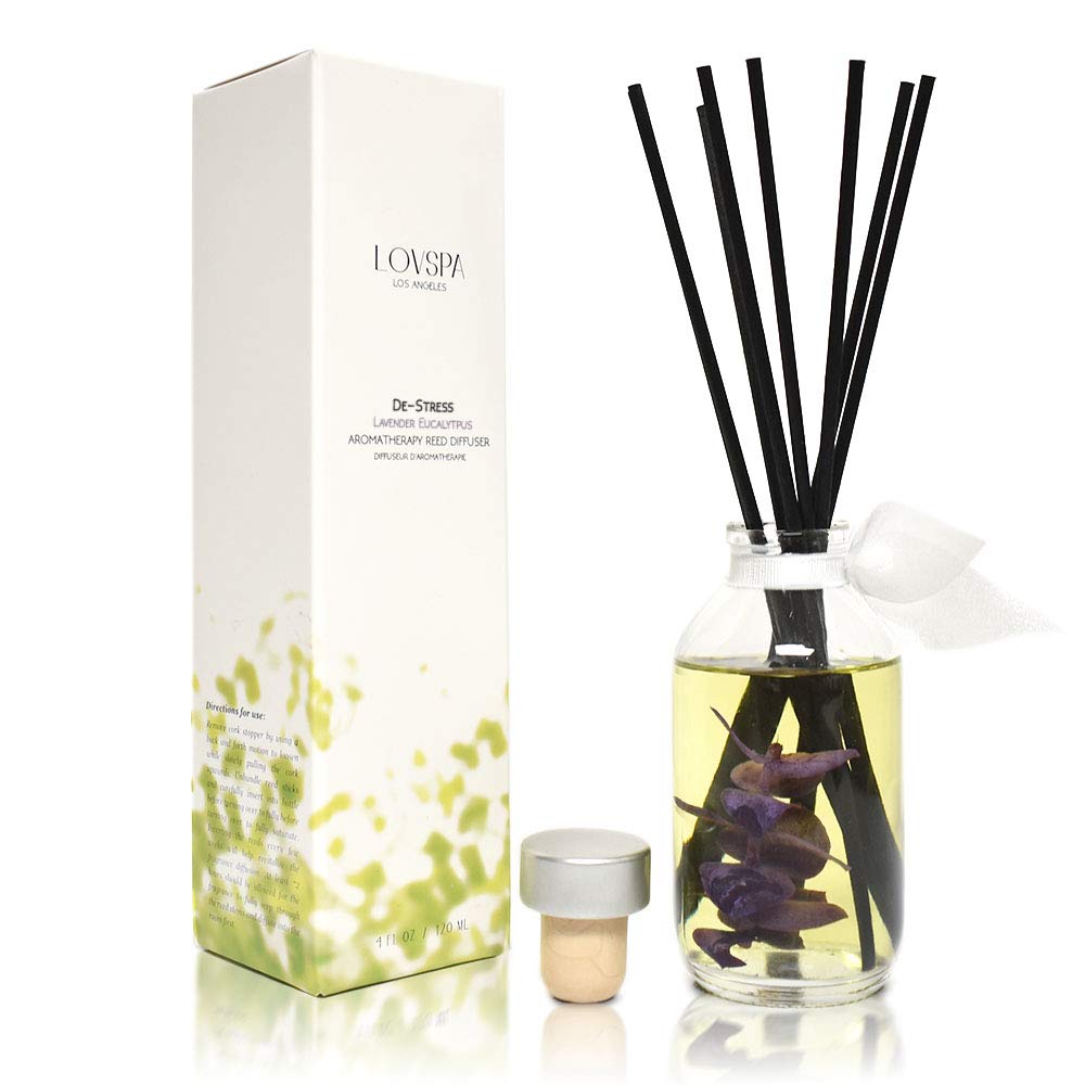LOVSPA DE-Stress Lavender & Eucalyptus Essential Oil Reed Diffuser Sticks Set | A Relaxing Blend of Woody Lavender, Sage, Eucalyptus & Rosemary | Made in The USA