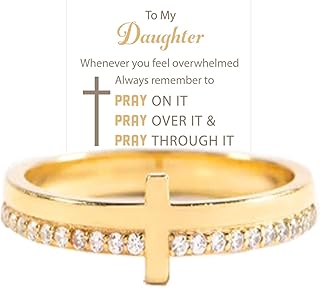 To My Daughter, Let Go And Let God Ring, Pray Ring Pray On It Golden Cross Ring Stackable Cubic Zirconia Pray Christian Religious Ring for Women Girls Jewelry