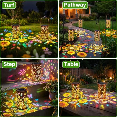 2Pack Colorful Solar Lanterns Outdoor Waterproof, Garden Decor Gifts for Women Mom Grandma - LED Sunflower and Butterfly Solar Powered Lights Metal Hanging Lantern for Outside Garden Patio Yard Porch by PASUTO - Used condition - Image 4