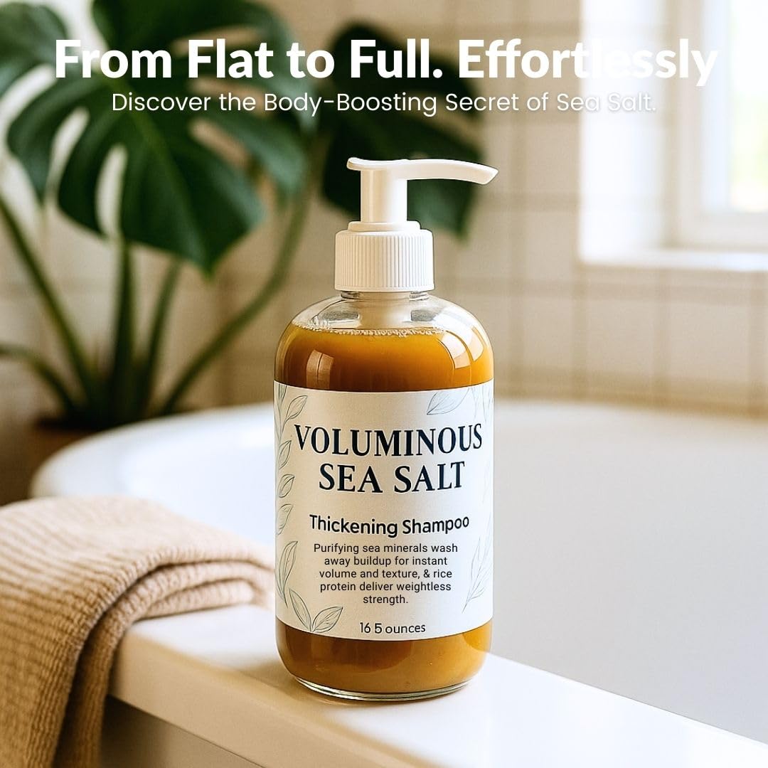 Nature Skin Shop Voluminous Sea Salt Thickening Shampoo (Salon Size, 16.5 oz), Clarifying Scalp Detox for Thinning, Oily & Fine Hair with Rice Protein, Sulfate-Free