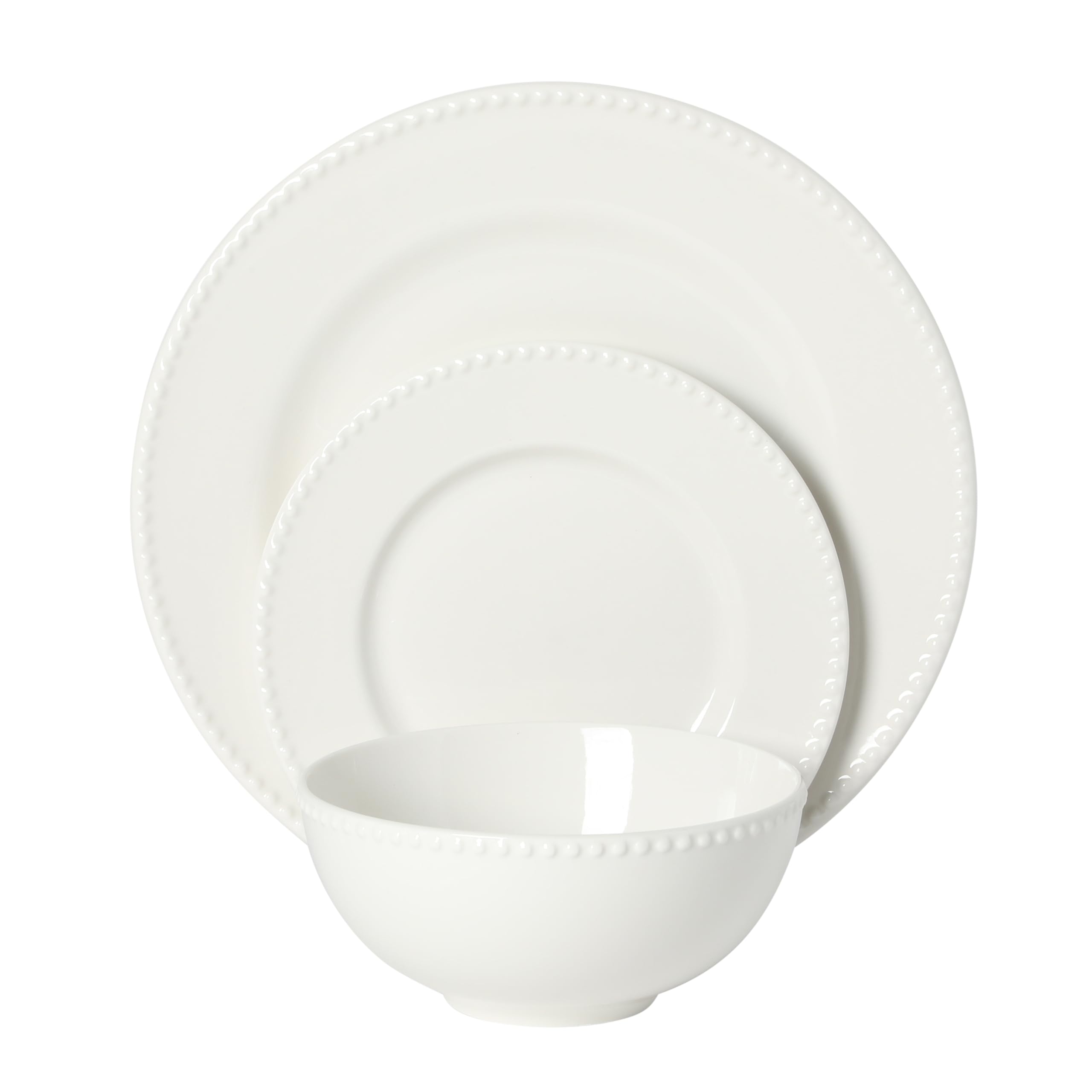 Gibson Home Caviara Teller und Schüsseln, 12-teiliges Geschirr-Set, weißer runder Perlenrand, Keramik-Schüssel-Set, Speiseteller, Salatteller & Müslischalen