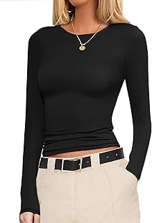 Womens Long Sleeve Shirts Fitted Tops Stretchy Base Layer Basic Tight Th...