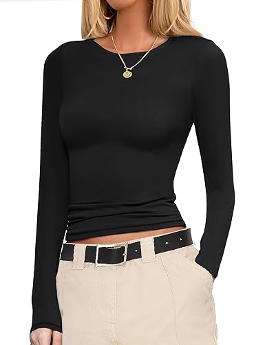 Ekouaer Womens Long Sleeve Shirts Fitted Tops Stretchy Base Layer
