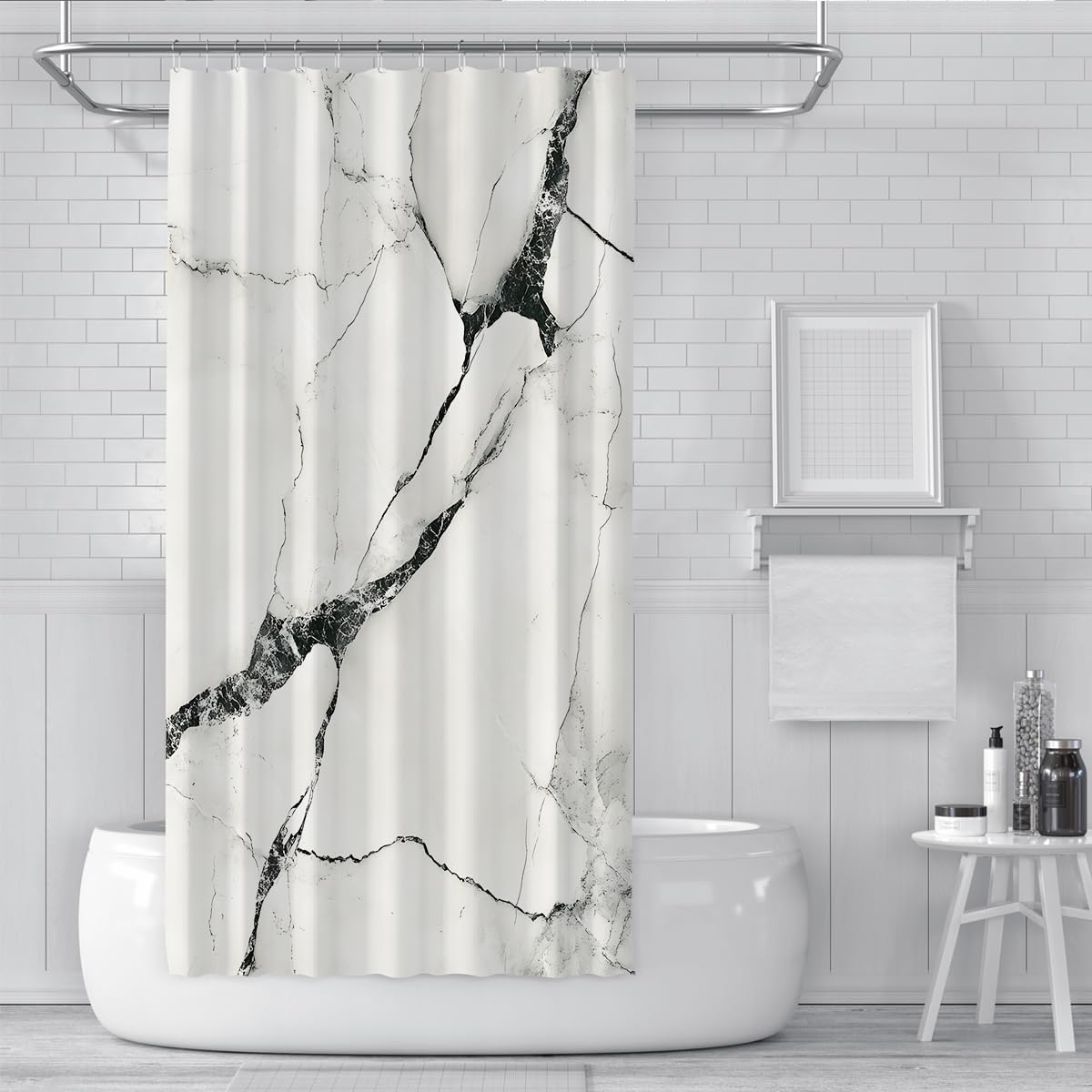 Badevorhang mit weißer Steinstruktur, Schwarze Streifen, geometrische fließende Kunst, Duschvorhang – minimalistische Badewannenvorhänge für Elegante Spa-Badezimmerdekoration 180 x 200 cm