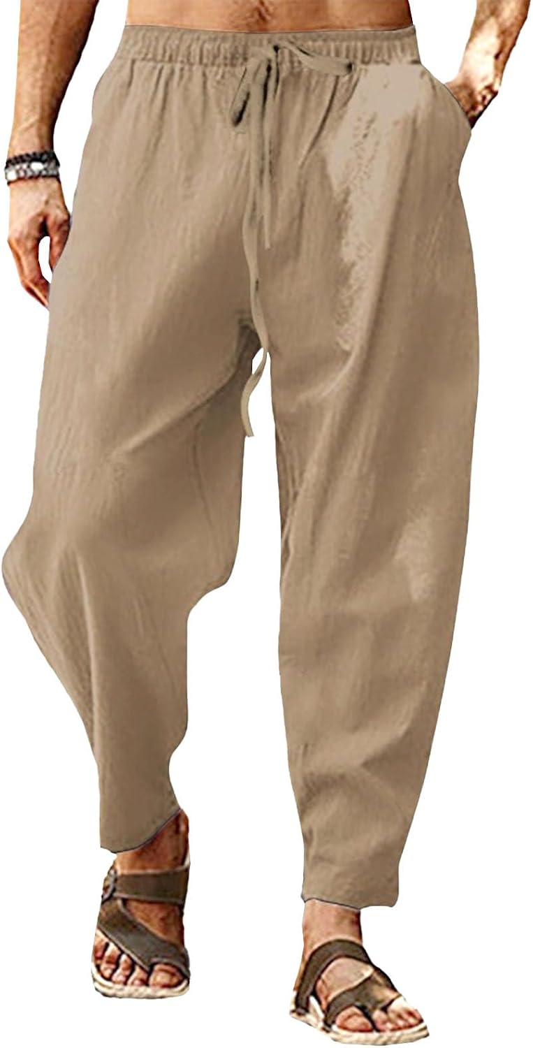 Men Hip-Hop Breathable Cotton Linen Pants Classic Loose Casual Sports Trousers Fall Straight Lace Up Athletic Pant