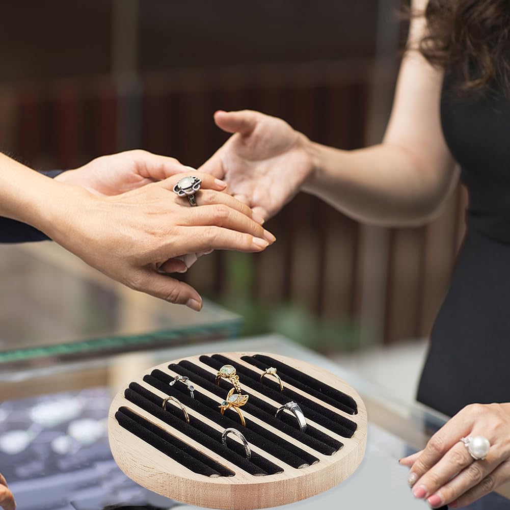 Vassoio Espositore Gioielli In Legno Con Pelle - 6 Slot Per Orecchini E Anelli, Diametro 15cm - Foto 7