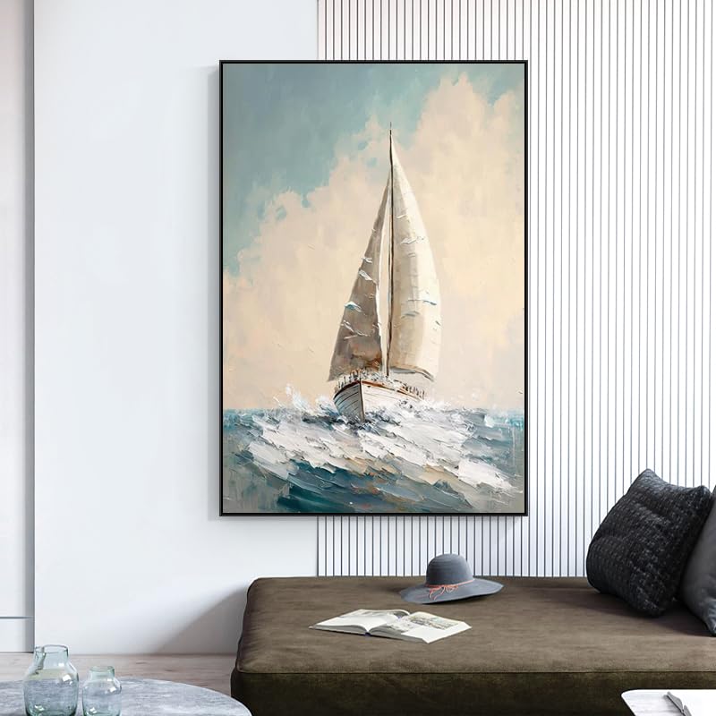 Art mural moderne voilier 50x70cm : peinture à l'huile sur toile pour chambre et séjour