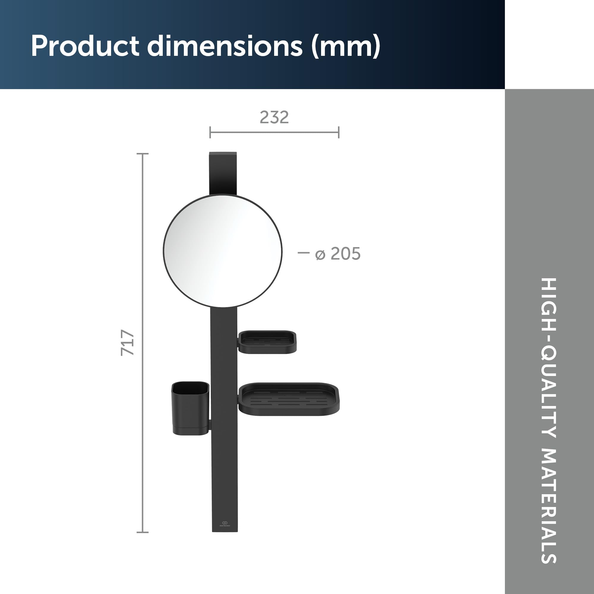 Ideal Standard - Alu+, pasek kosmetyczny z akcesoriami kombinowanymi, S, Beauty Bar z lustrem powiększającym 20 cm i wysokości 70 cm, wolnostojący kubek i półki, czarny jedwab