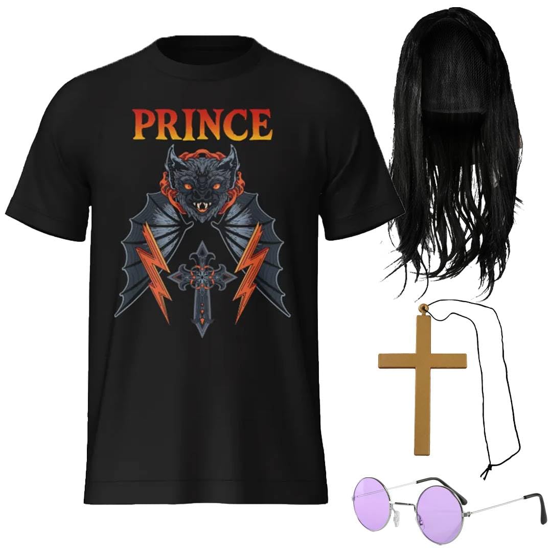 Adults Prince of Darkness Costume Set - XXLarge - Black Graphic T-Shirt, Long Black Wig, Round Glasses & Cross Necklace - Retro Heavy Metal Fancy Dress Outfit for Parties & Events