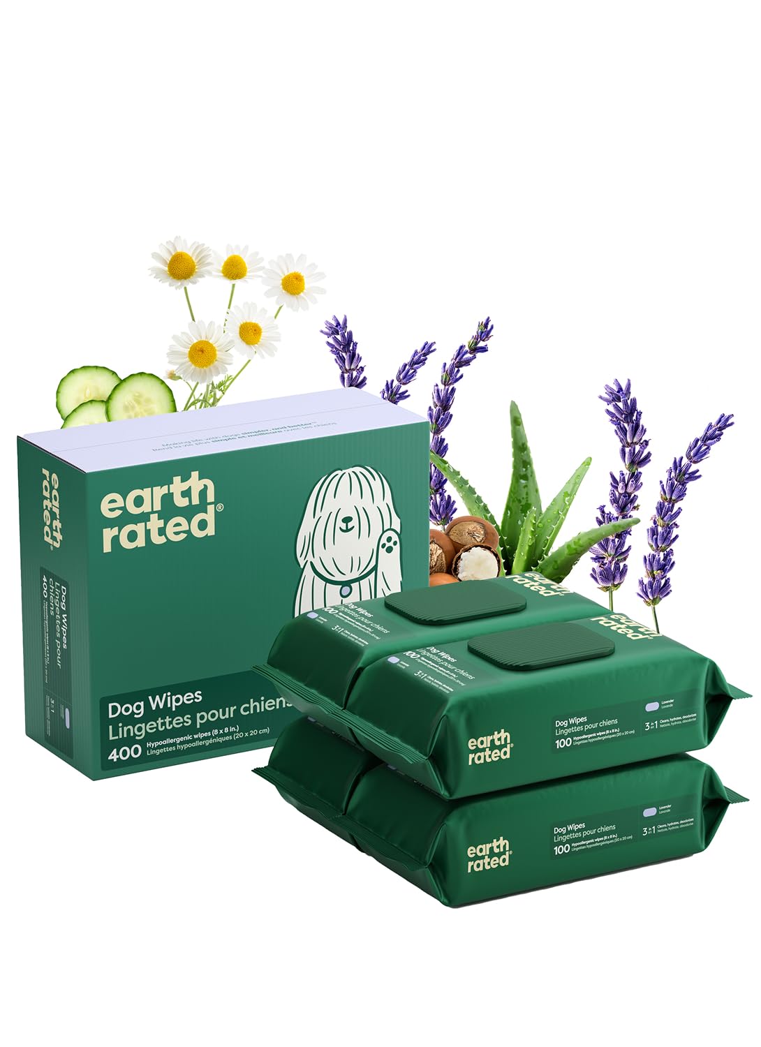 Earth Rated Dog Wipes, Hypoallergenic, Cleaning and Hydrating, for Grooming Paws, Body and Butt, Lavender Scented, 400 Count