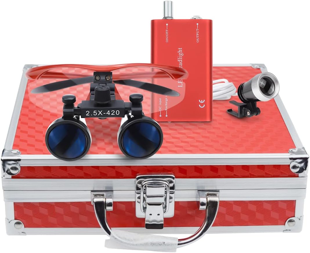 Global 2.5X Loupes Glass + Head Lamp + Aluminum Box Red
