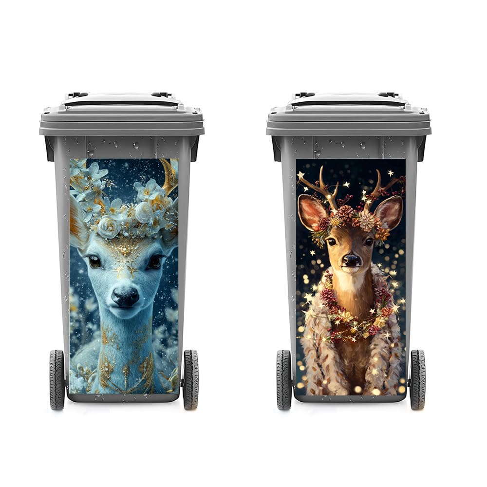 2 PC Trash Can Sticker 14.57 × 32.28 Inch Reindeer Christmas Vinyl Sticker with Floral Wreath Gold Detail Forest Light for Outdoor Garbage Bin Garden Yard Driveway Decor