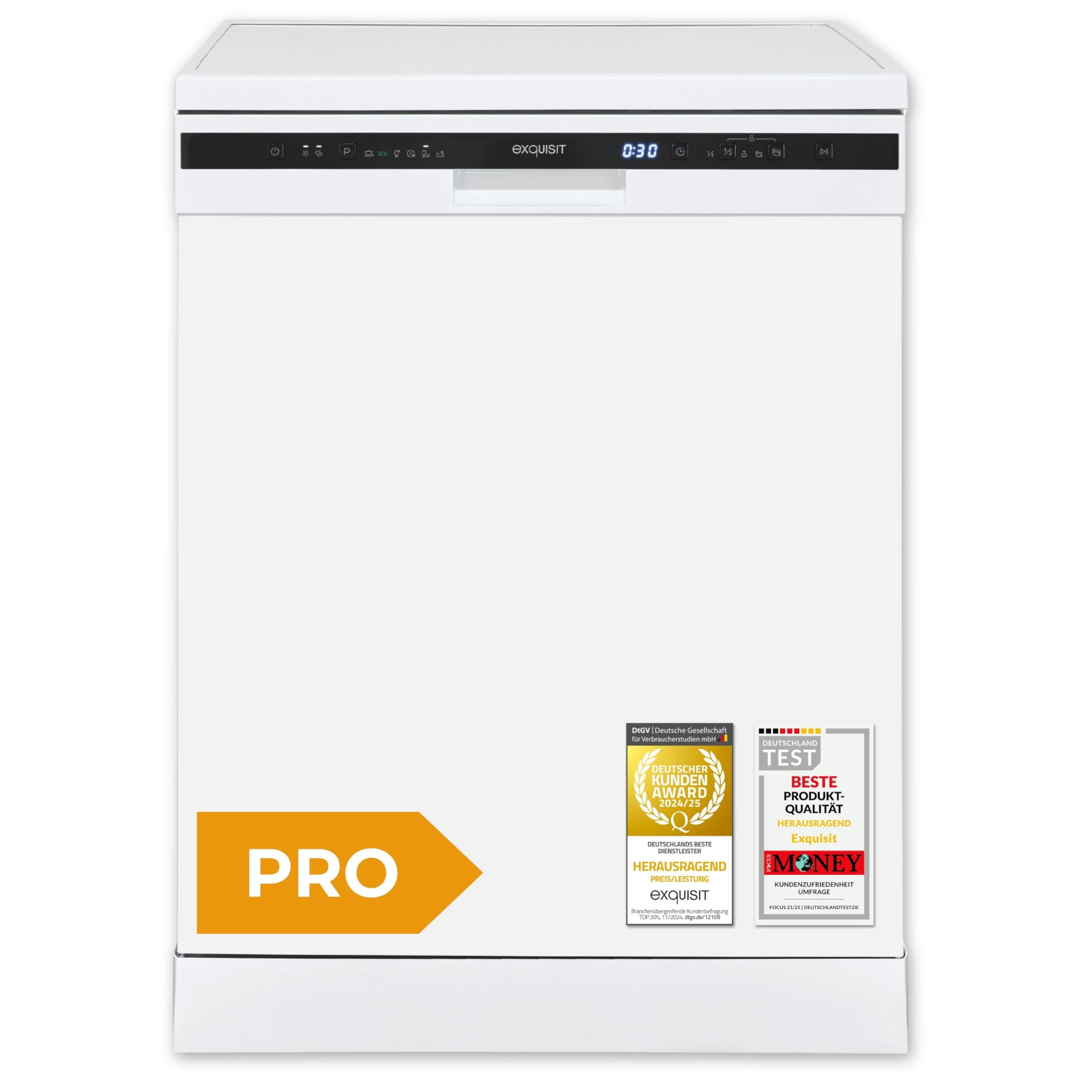 Exquisit Geschirrspüler | 60cm Breite, 14 Gedecke, Energieklasse C, 47 dB | 6 Programme, Selbstreinigung, Halbe Beladung, Startzeitverzögerung, Auto Door, Aquastop, Wasserschutz | GSP56314-030C weiss