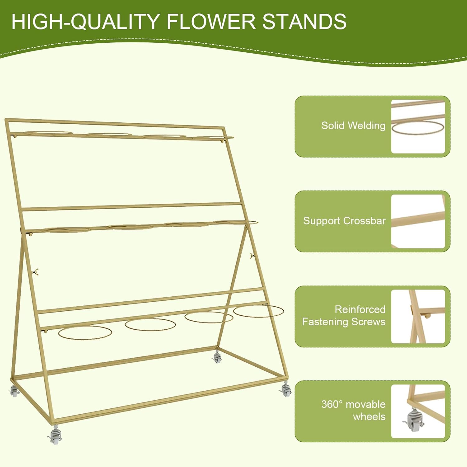 Rolling Plant Stand for Indoor/Outdoor - 3 Tier Metal Flower Display Shelf with Wheels and Foot Brake, Heavy Duty Florist Rack for Patio Garden Living Room, 160 lbs Capacity, Golden Frame