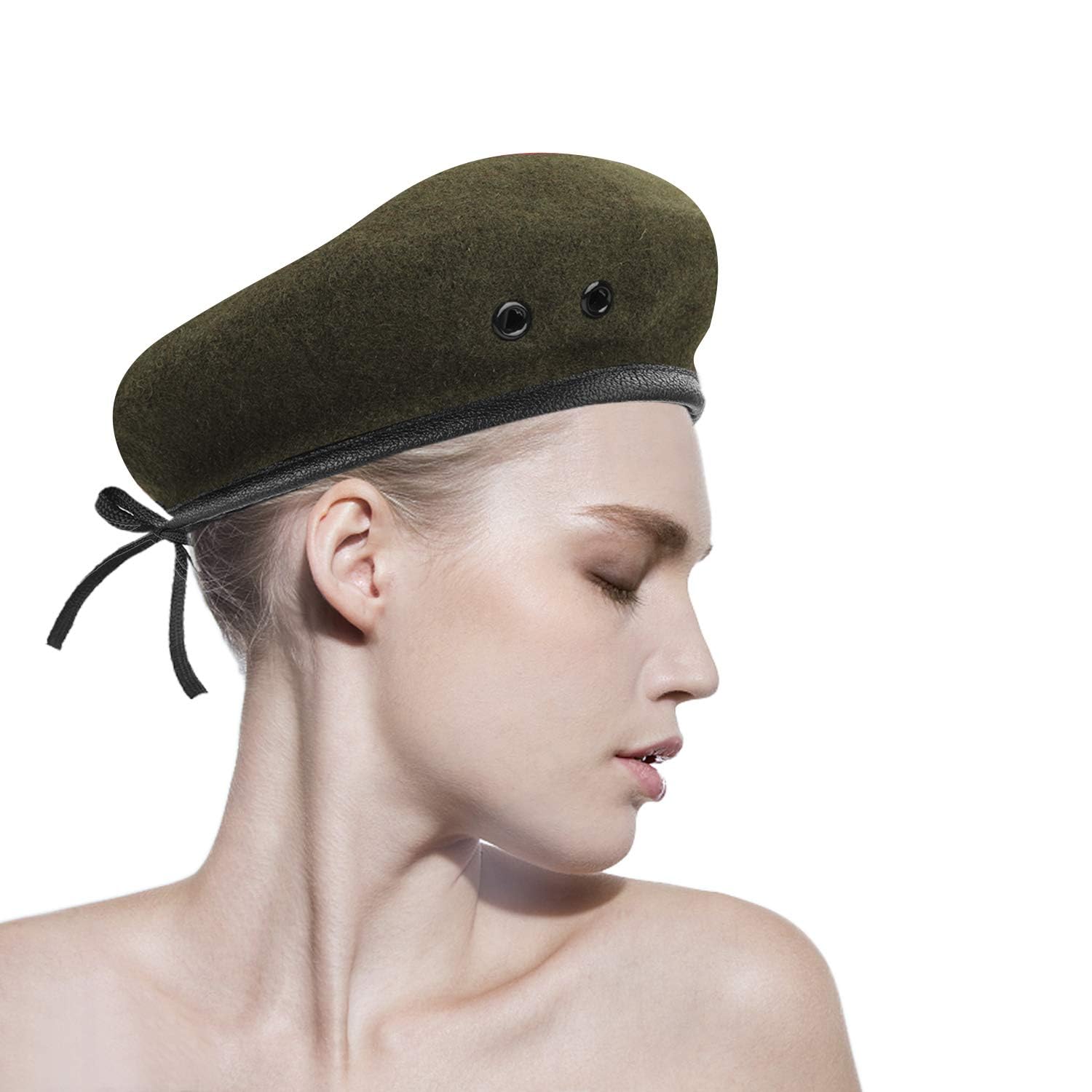 Boinas de Lana, para Mujer, Estilo Militar, Boinas Estilo Militar con Ribete de Cuero, Ajustable, Talla única