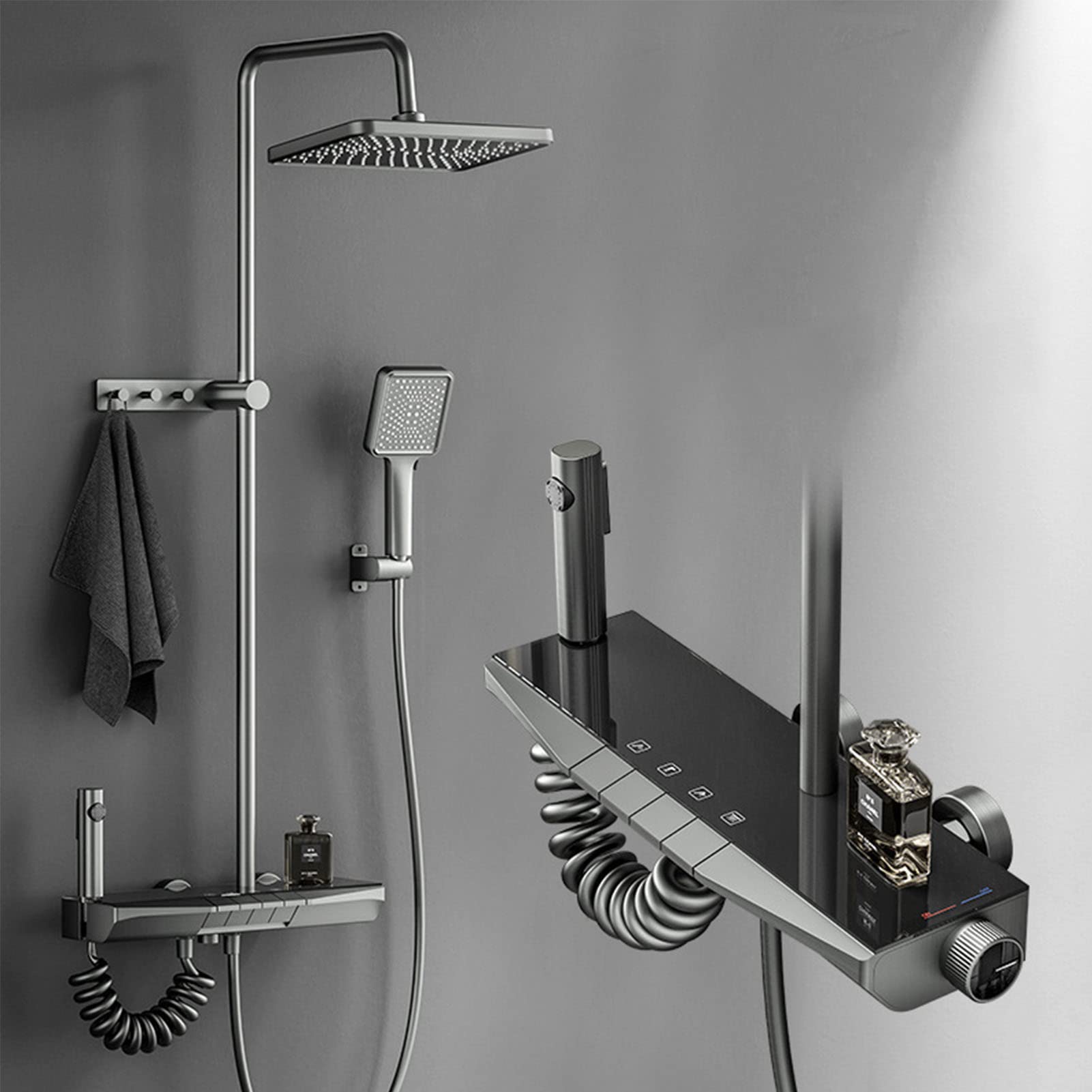 Set Rubinetto Doccia a Vista, Doccia a 4 funzioni con doccetta, Bidet, Ganci per Asciugamani, Rubinetto Doccia Vasca Tasti Pianoforte, Miscelatore Doccia Grigio Pistola