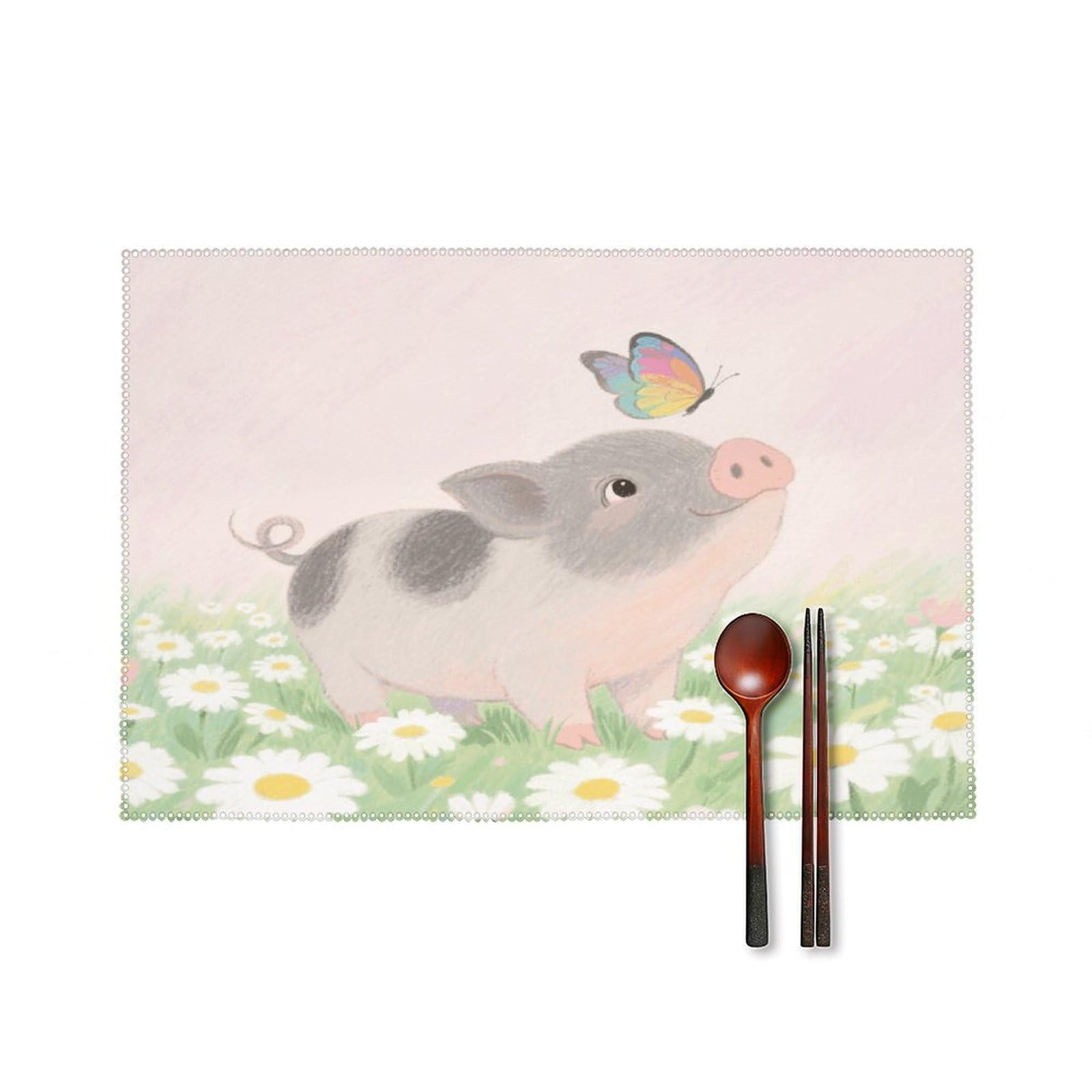 Pigs and Butterflies Placemats Set of 4 Heat Resistant Non-Slip Place Mats for Dining Table Washable Placemat Wipeable Dining Table Mat Canvas Place Mats Dining Table Decor