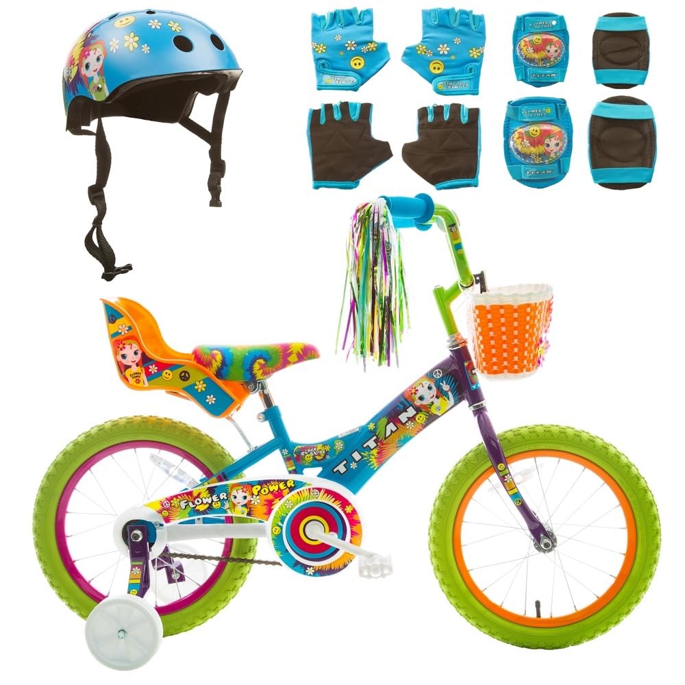 Titan Girl's Flower Princess BMX Bike for 4-9 Years Girls with Training Wheels 16 Inch Kids Toddler Bicycle with Utility Basket & Streamers