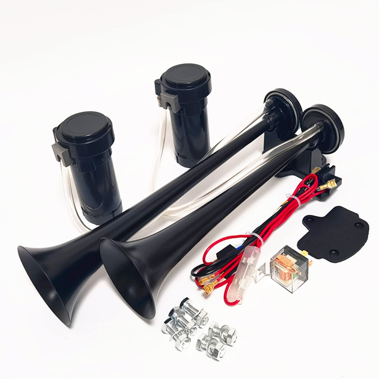 Klaxon de voiture Klaxon à air noir 12V Car Horn Klaxon de camion 165db double tonalité haute et basse Chrome Zinc Trompette à double tube avec deux pompes à air pour 12V voiture bateau etc
