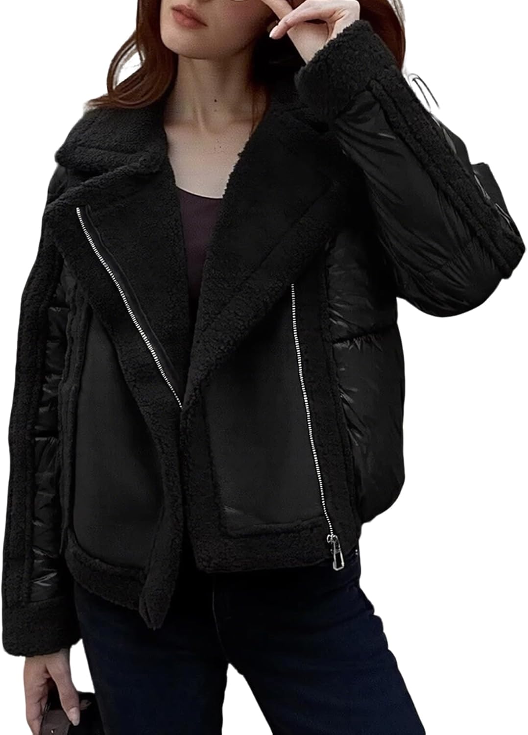 Women's Down Jacket with Faux Leather Thick Warm Winter Casual Fleece Lapel Outwear Zipper Pocket Coat
