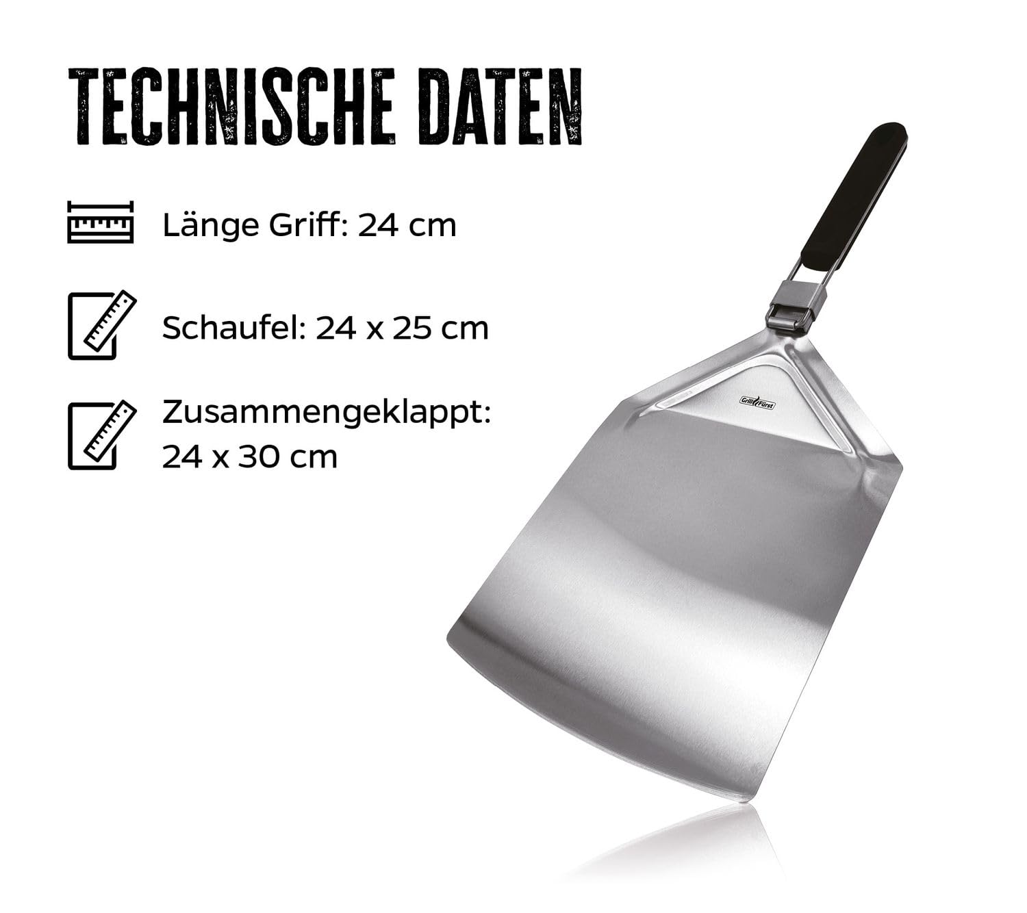 Grillfürst Pizzaheber aus Edelstahl, klappbar - Pizzaschaufel für Brot, Flammkuchen u. v. m., Pizzaschieber mit Einer Fläche von 24 x 25 cm
