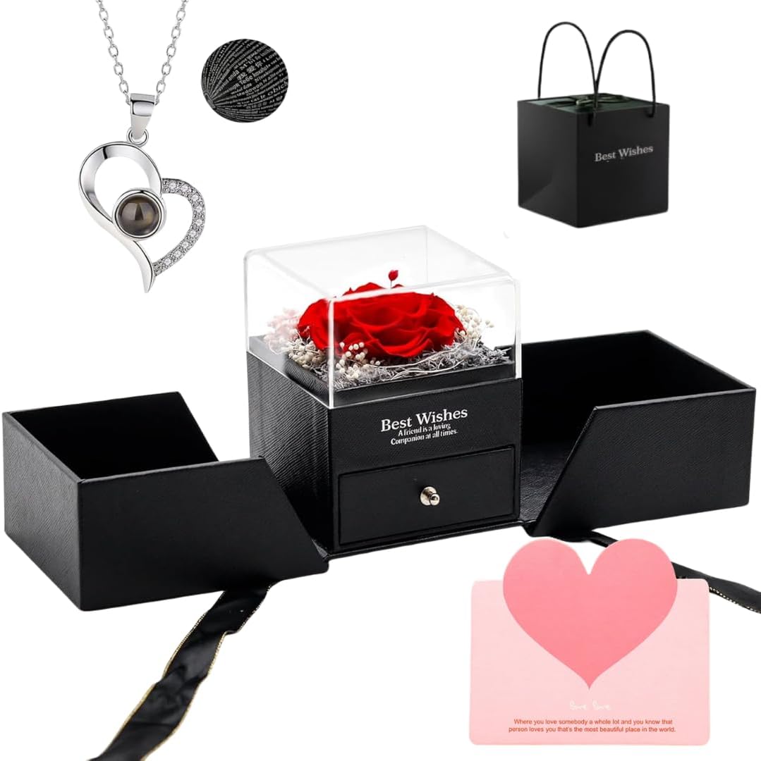 Preserved Real Rose with Heart I Love You Necklaces for Women in 100 Languages - Eternal Red Flowers Gifts for her Romantic Gift Set for Girlfriend Birthday Anniversary on Valentines Mothers Day